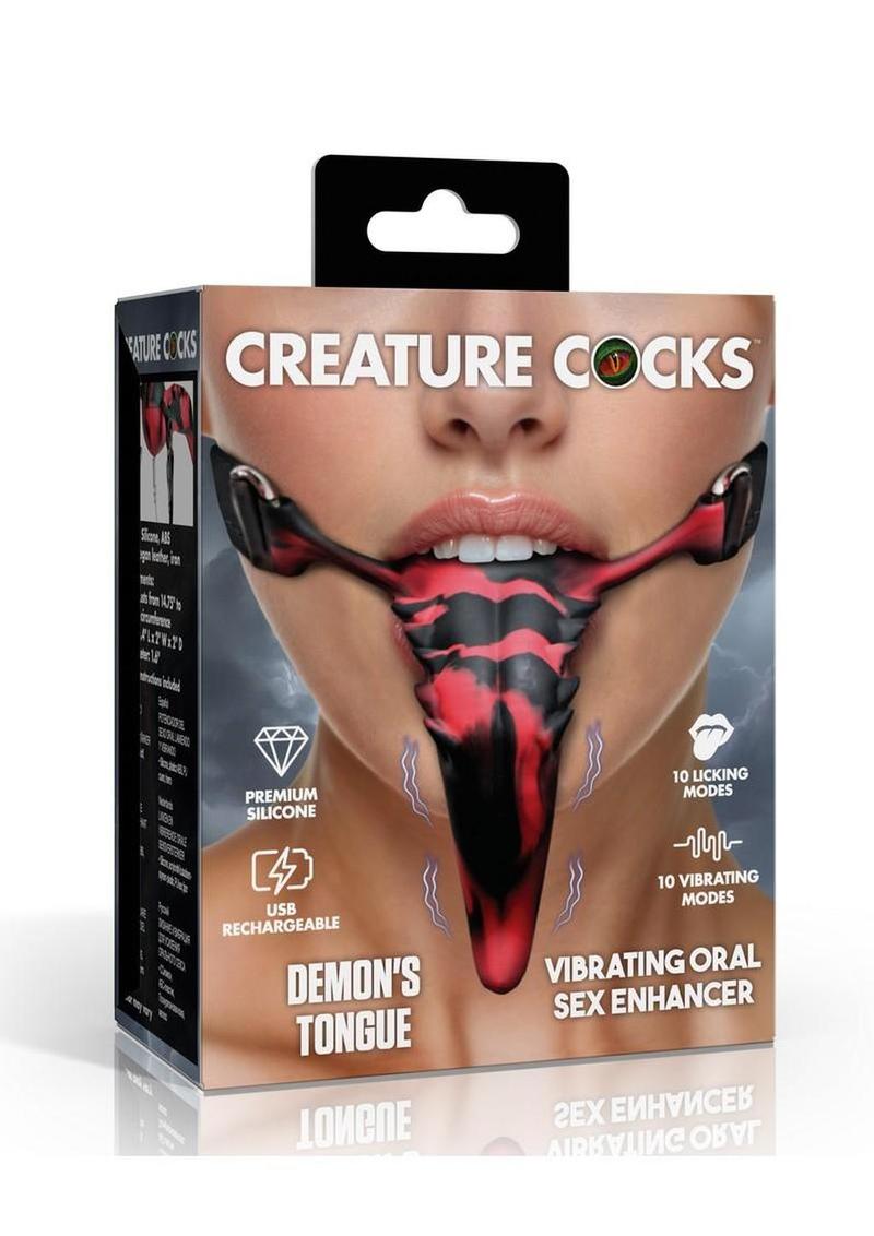 Creature Cocks Demon's Tongue Vibrating Rechargeable Silicone Oral Enhancer with Harness - Black/Red