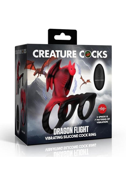 Creature Cocks Dragon Flight Vibrating Rechargeable Silicone Cock Ring with Remote - Black/Red