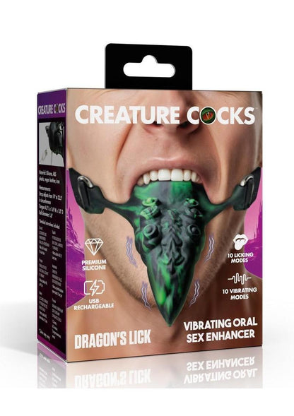 Creature Cocks Dragon's Lick Vibrating Rechargeable Silicone Oral Enhancer with Harness - Black/Green