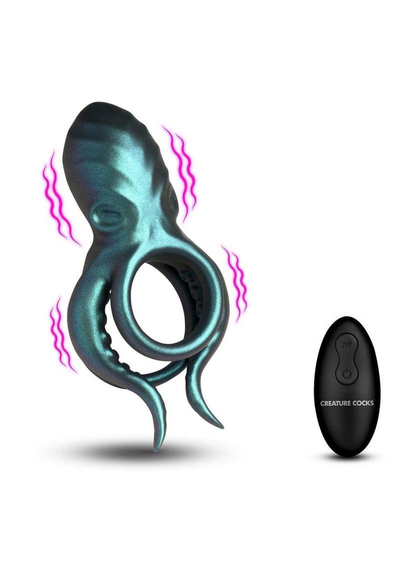 Creature Cocks Octo Grip Vibrating Rechargeable Silicone Cock Ring with Remote - Blue