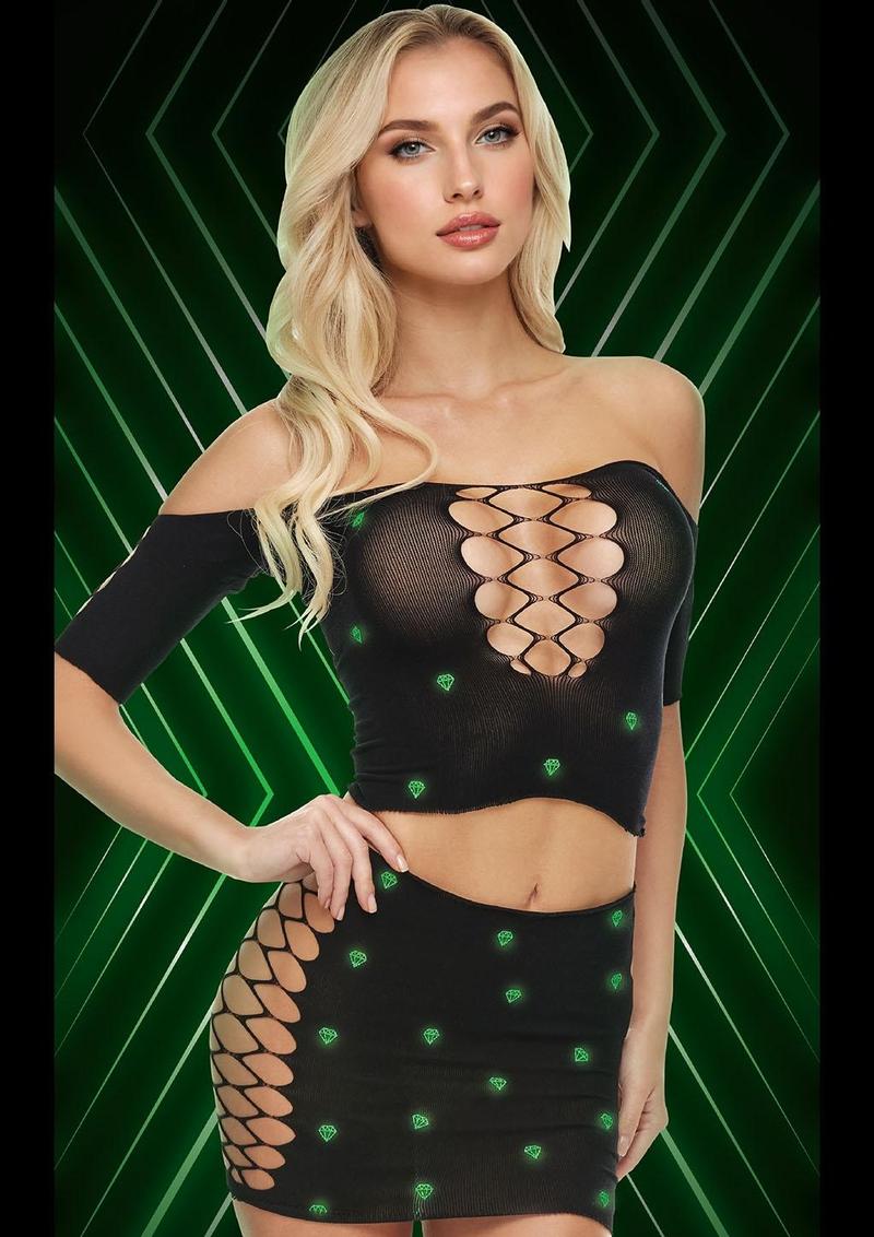 Diamond 2-Piece Crop Top and Shirt - Black/Glow In The Dark - Set
