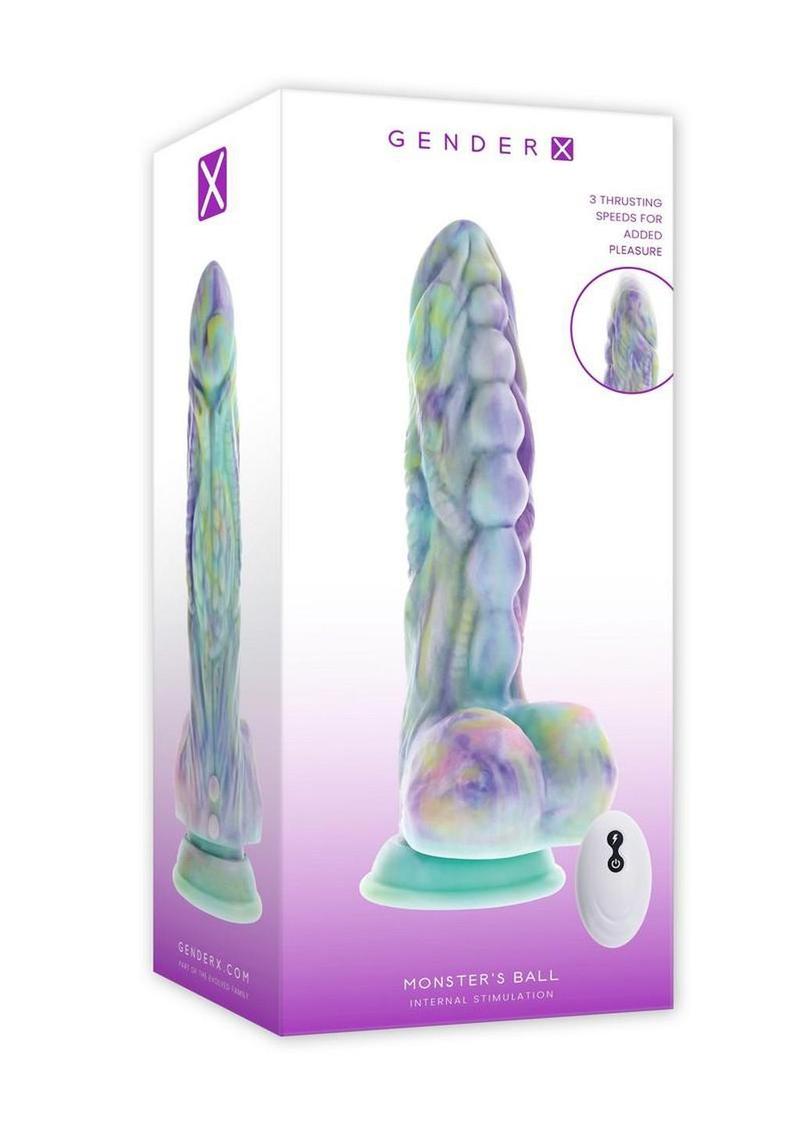 Gender X Monster's Ball Rechargeable Silicone Thrusting Vibrating Dildo with Remote - Multicolor