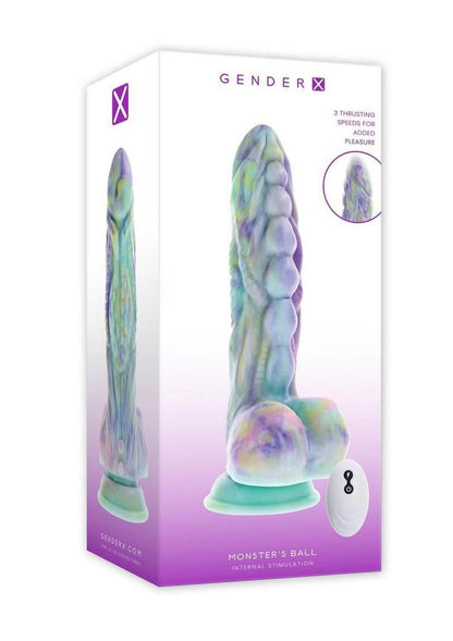 Gender X Monster's Ball Rechargeable Silicone Thrusting Vibrating Dildo with Remote - Multicolor