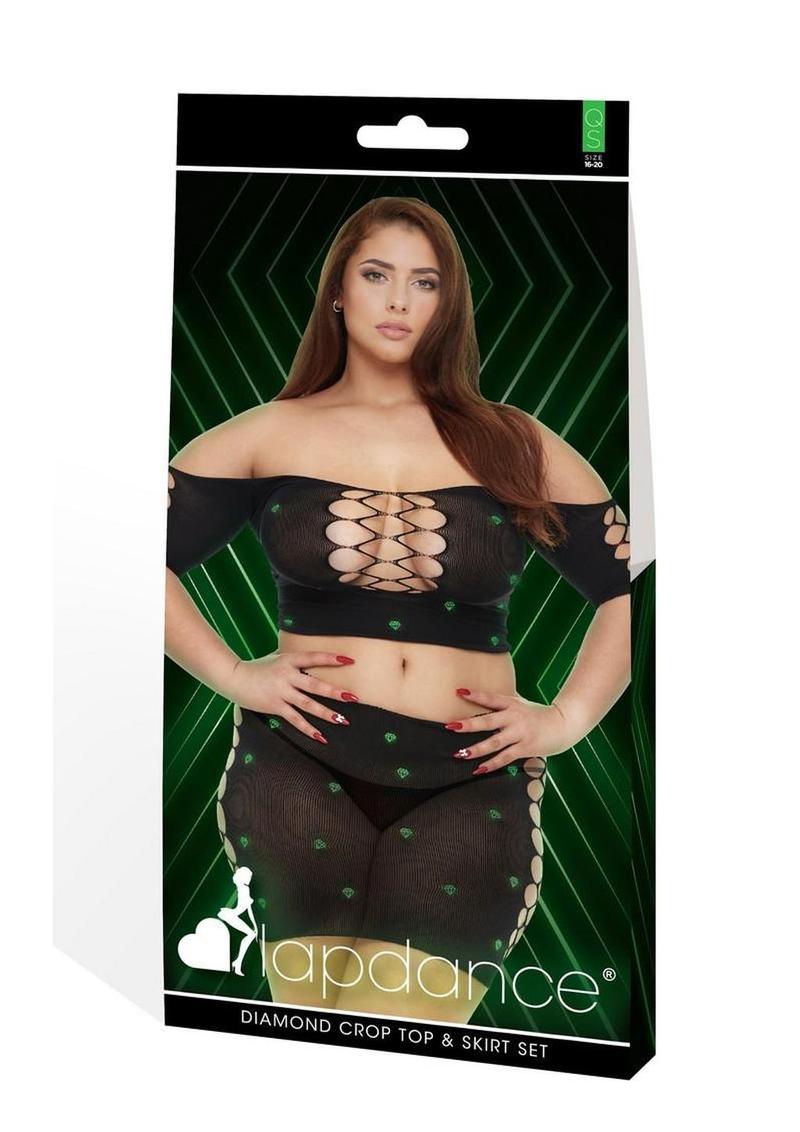 Lapdance Lingerie Diamond Crop Top and Skirt Set (2 Piece) - Queen Size - Glow In The Dark