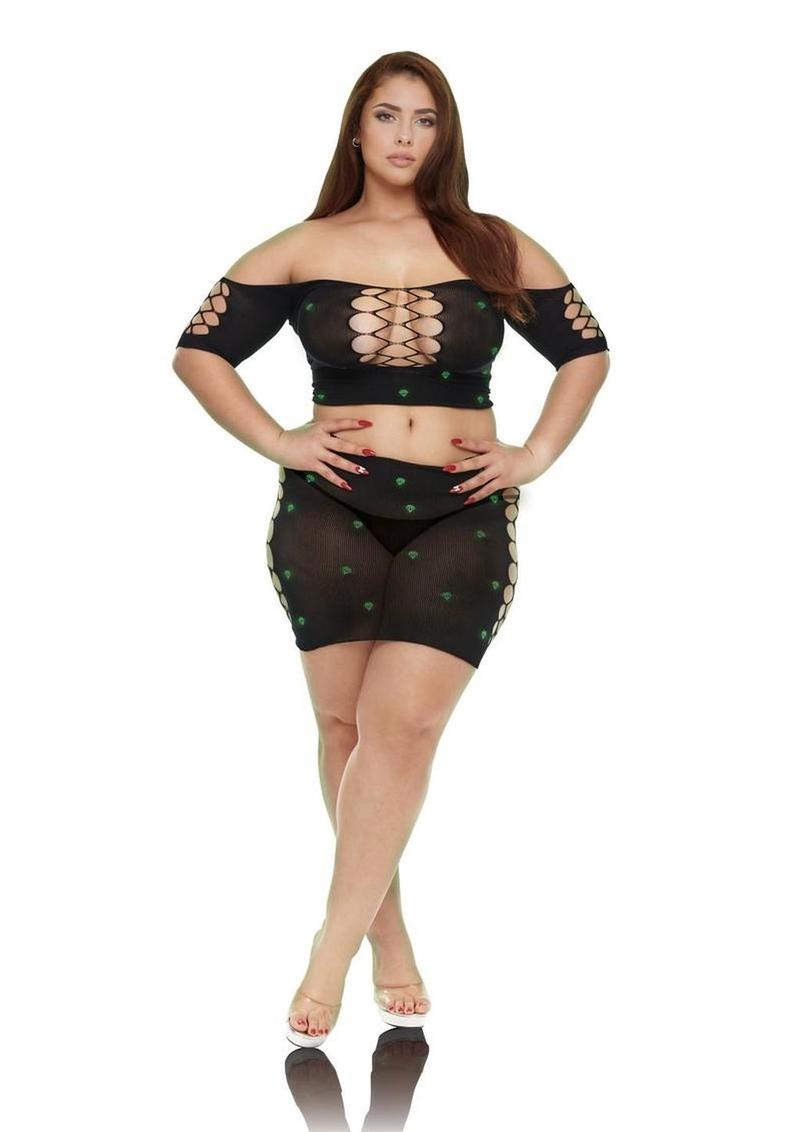 Lapdance Lingerie Diamond Crop Top and Skirt Set (2 Piece) - Queen Size - Glow In The Dark