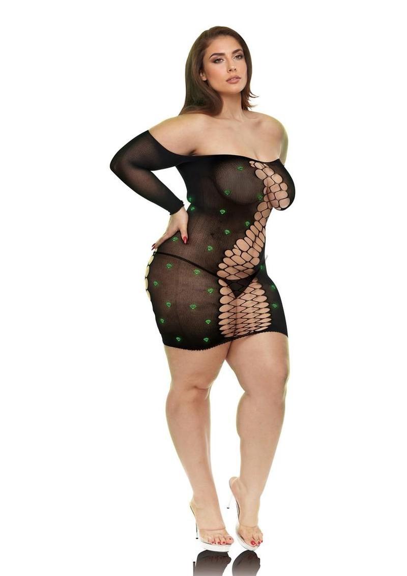 Lapdance Lingerie Diamond Mesh Cutout Minidress - Queen Size - Glow In The Dark
