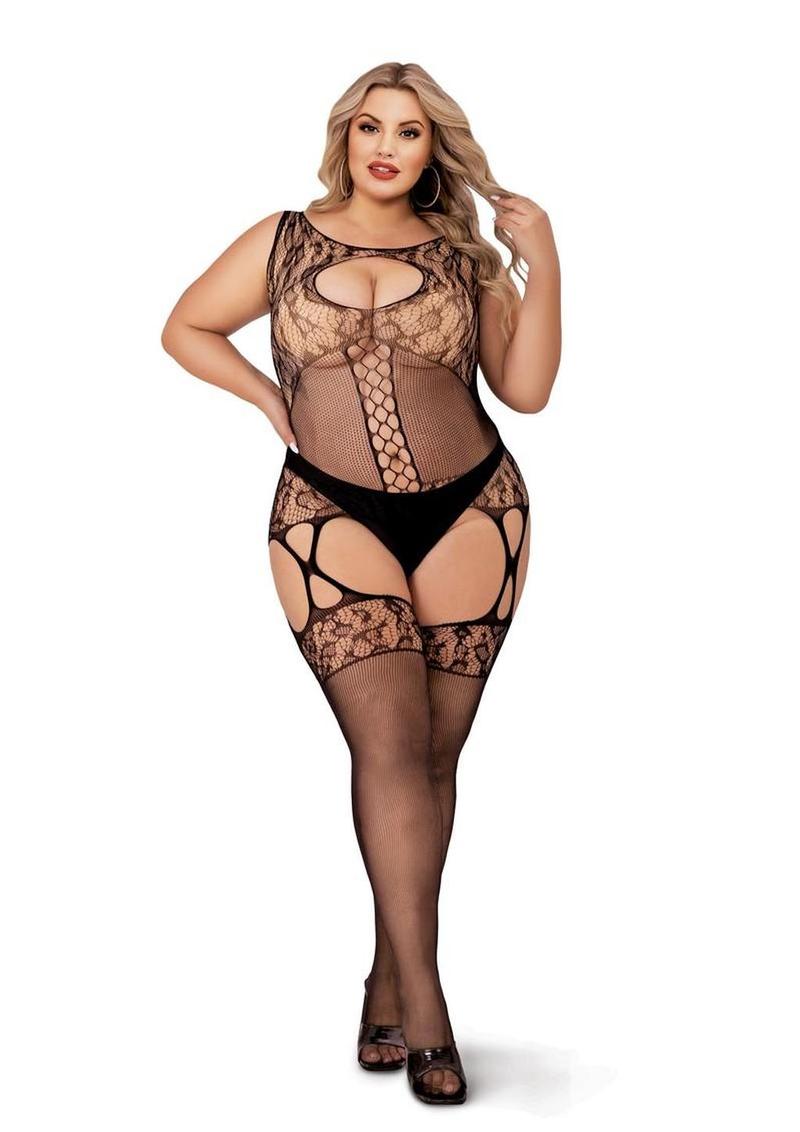 Lapdance Lingerie Fishnet and Lace Catsuit - Queen Size - Black