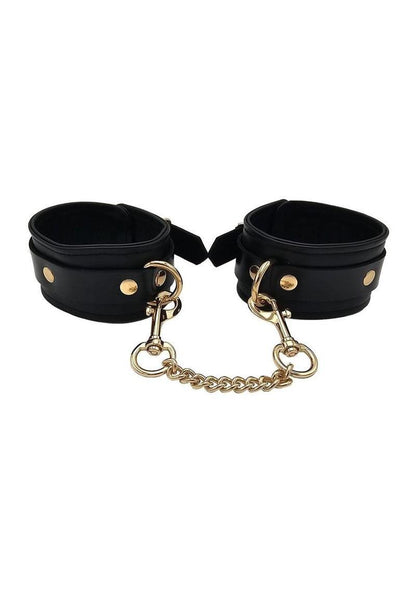Leather Plain Wrist Cuff with Gold Accessories - Black/Gold