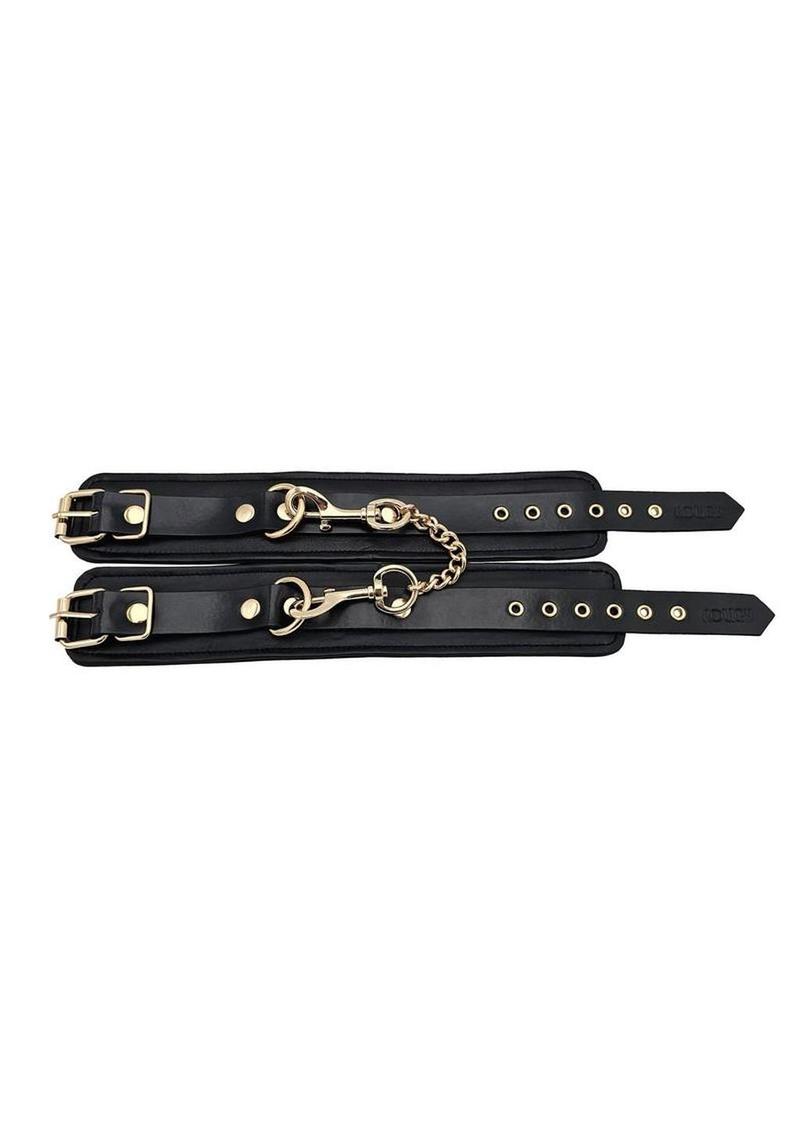 Leather Plain Wrist Cuff with Gold Accessories - Black/Gold