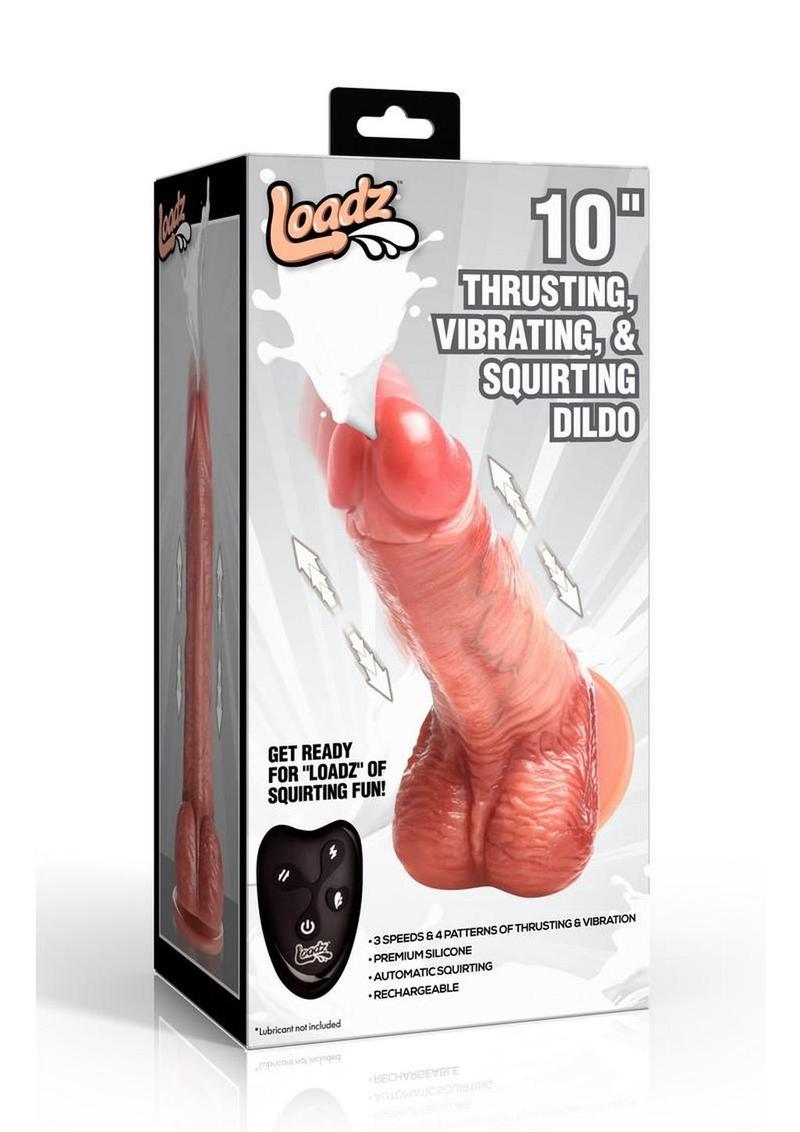 Loadz Thrusting Vibrating and Squirting Rechargeable Silicone Dildo with Remote Control - Vanilla - 10in