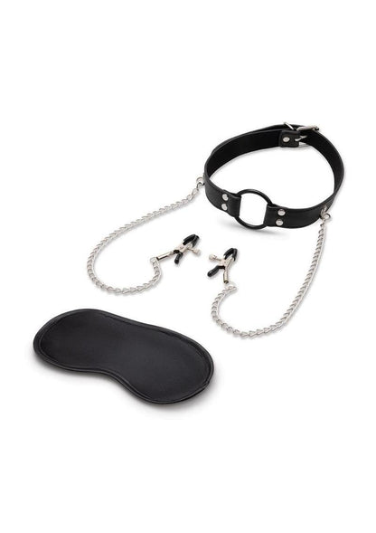 Lux Fetish Open Mouth Gag with Nipple Clips - Black