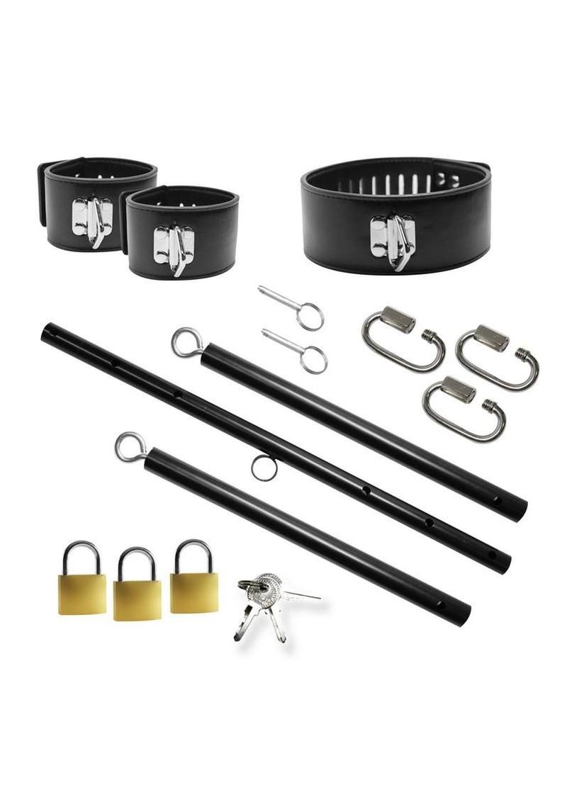Master Series Dominion Bar Stainless Steele Spreader Bar with Collar and Restraints - Black/Silver