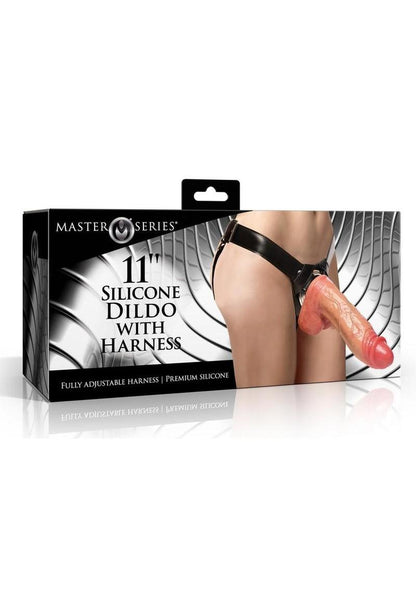 Master Series Silicone Dildo with Adjustable Harness - Black/Vanilla - 11in