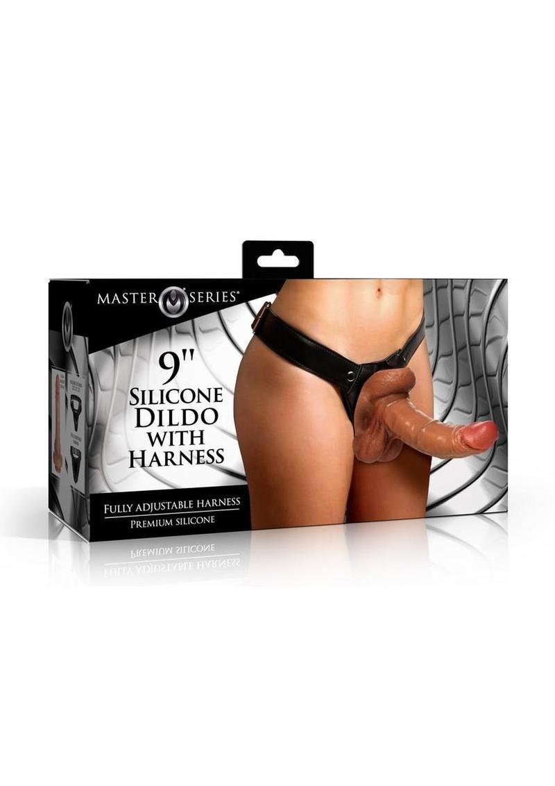 Master Series Silicone Realistic Dildo with Harness - Black/Caramel - 9in