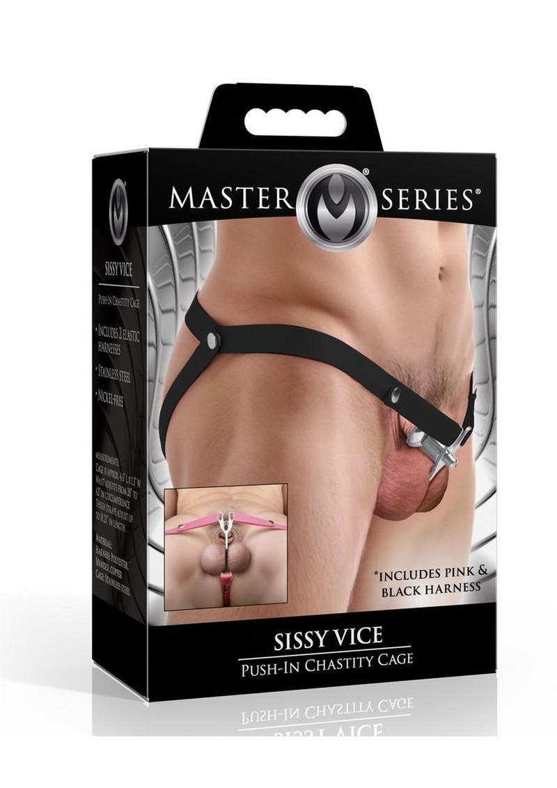 Master Series Sissy Vice Push-In Chastity Cage - Black/Silver