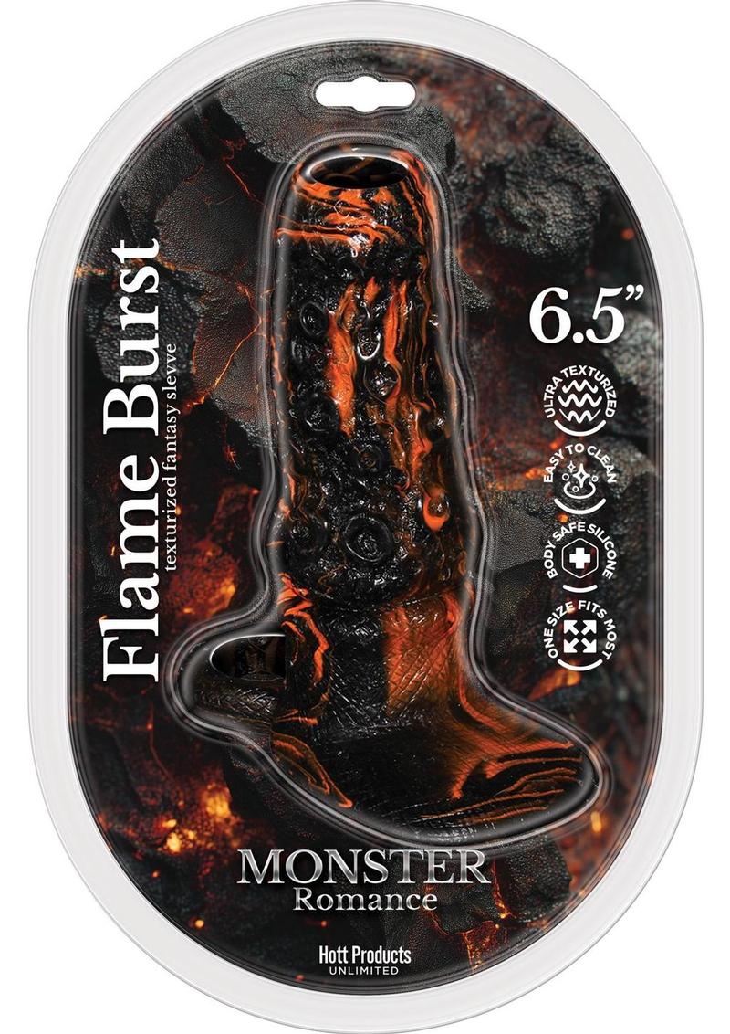 Monster Romance Flame Burst Silicone Penis Sleeve - Black/Orange - One Size