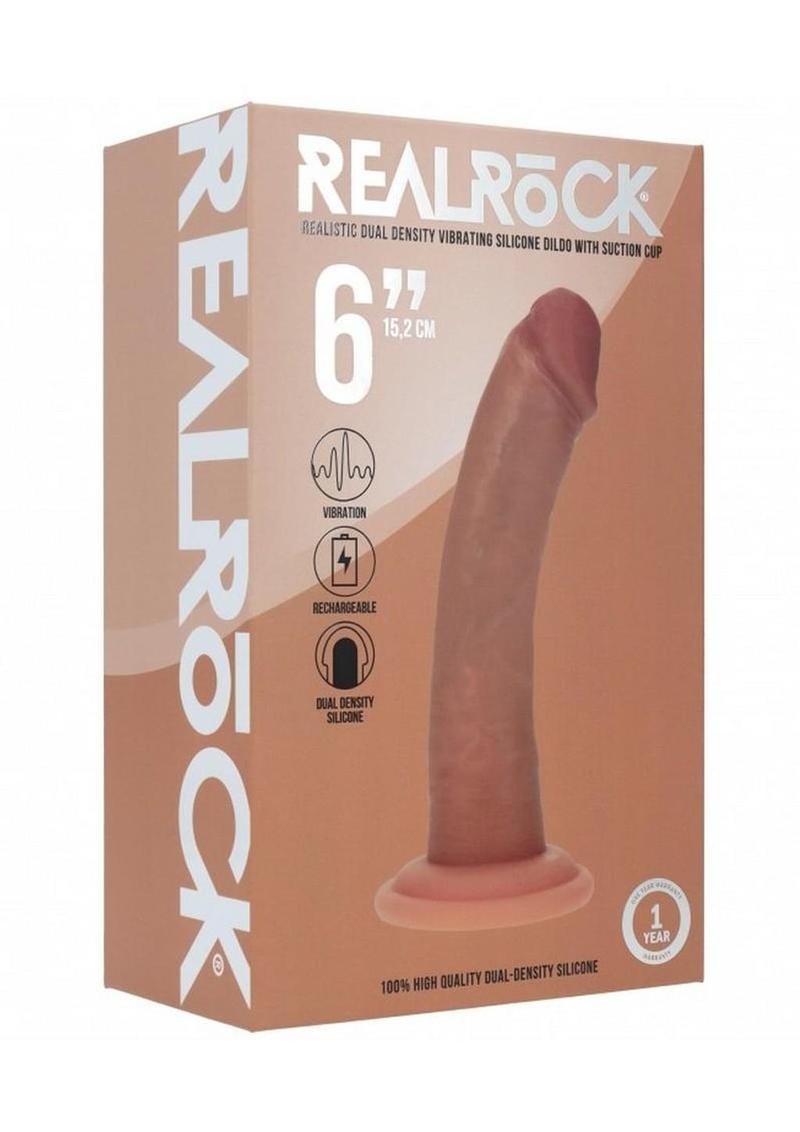 Realrock Dual Layered Rechargeable Silicone Curved Realistic Vibrating Dildo with Suction Cup - Caramel - 6in