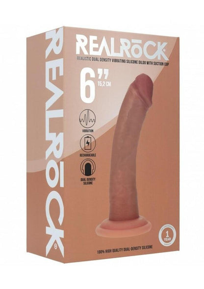 Realrock Dual Layered Rechargeable Silicone Curved Realistic Vibrating Dildo with Suction Cup - Caramel - 6in