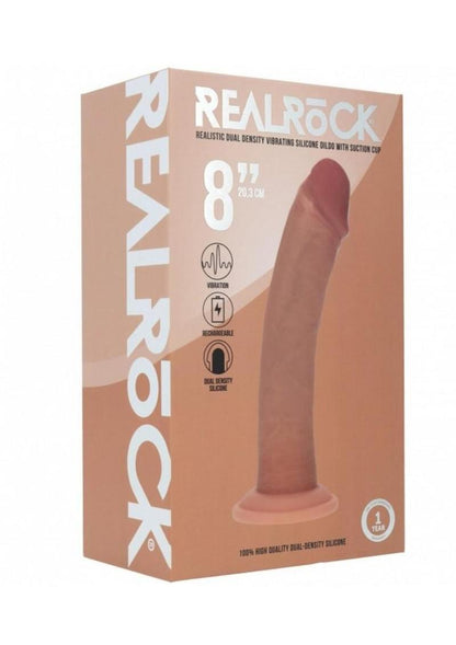 Realrock Dual Layered Rechargeable Silicone Curved Realistic Vibrating Dildo with Suction Cup - Caramel - 8in