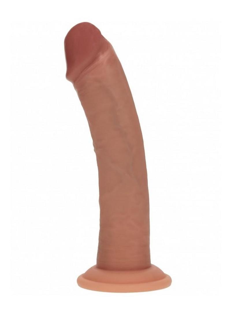 Realrock Dual Layered Rechargeable Silicone Curved Realistic Vibrating Dildo with Suction Cup - Caramel - 8in