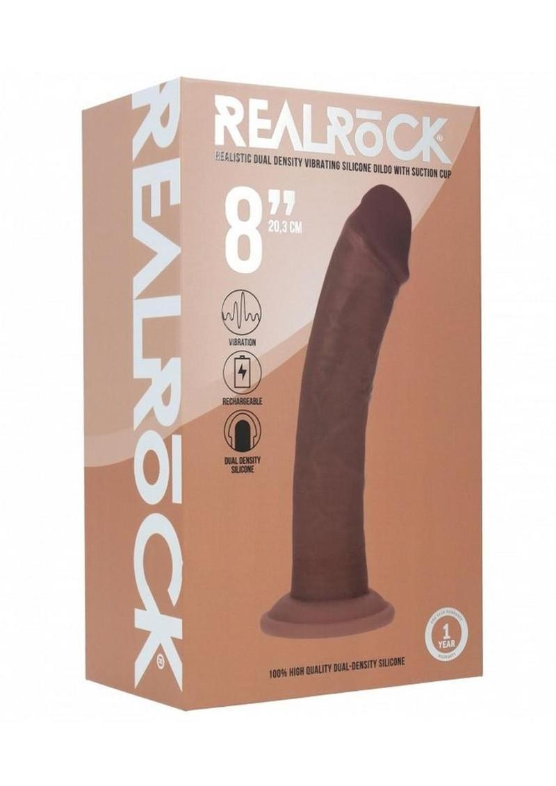 Realrock Dual Layered Rechargeable Silicone Curved Realistic Vibrating Dildo with Suction Cup - Chocolate - 8in