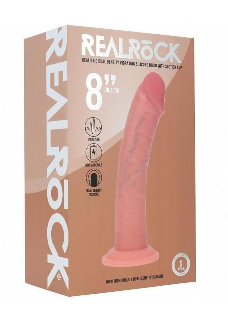 Realrock Dual Layered Rechargeable Silicone Curved Realistic Vibrating Dildo with Suction Cup - Vanilla - 8in