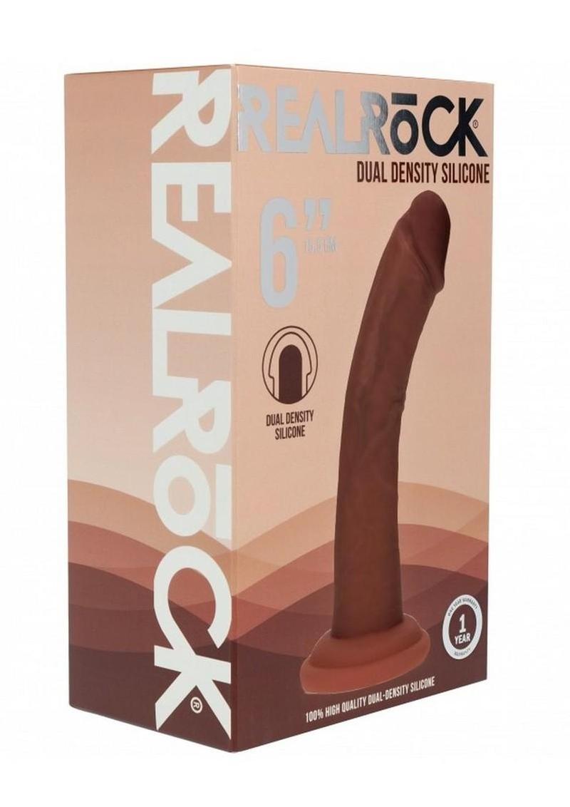 Realrock Dual Layered Silicone Curved Realistic Dildo with Suction Cup - Chocolate - 6in