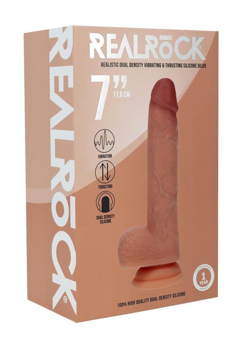 Realrock Dual Layered Silicone Realistic Vibrating Thrusting Dildo with Balls and Suction Cup - Caramel - 8in