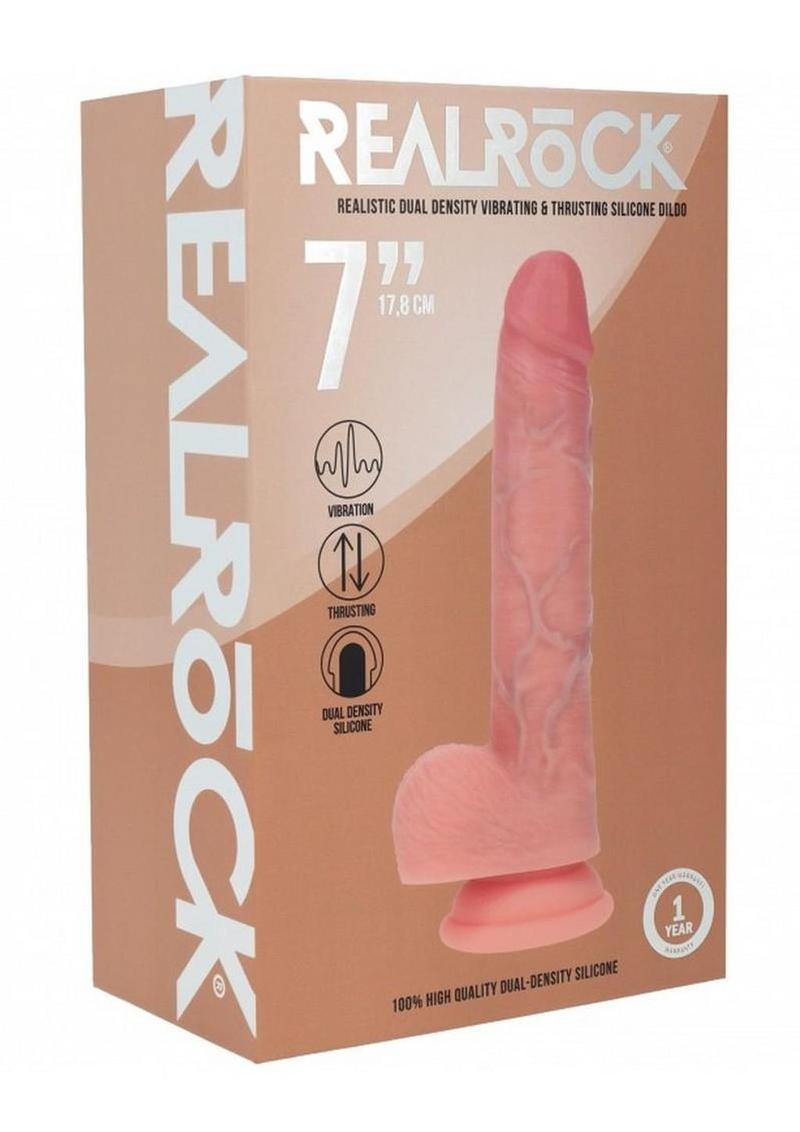 Realrock Dual Layered Silicone Realistic Vibrating Thrusting Dildo with Balls and Suction Cup - Vanilla - 8in