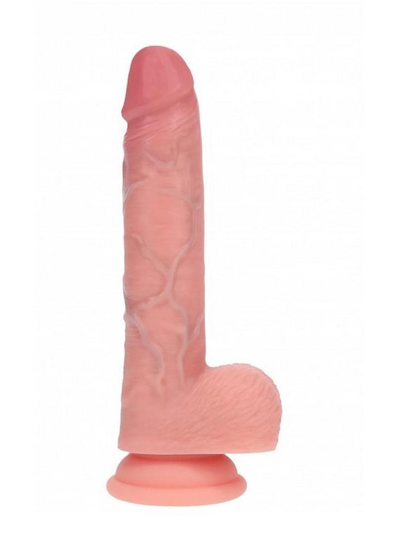 Realrock Dual Layered Silicone Realistic Vibrating Thrusting Dildo with Balls and Suction Cup - Vanilla - 8in