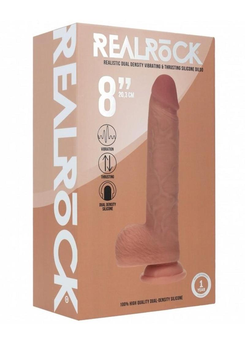 Realrock Dual Layered Silicone Realistic Vibrating Thrusting Dildo with Balls and Suction Cup - Caramel - 9in