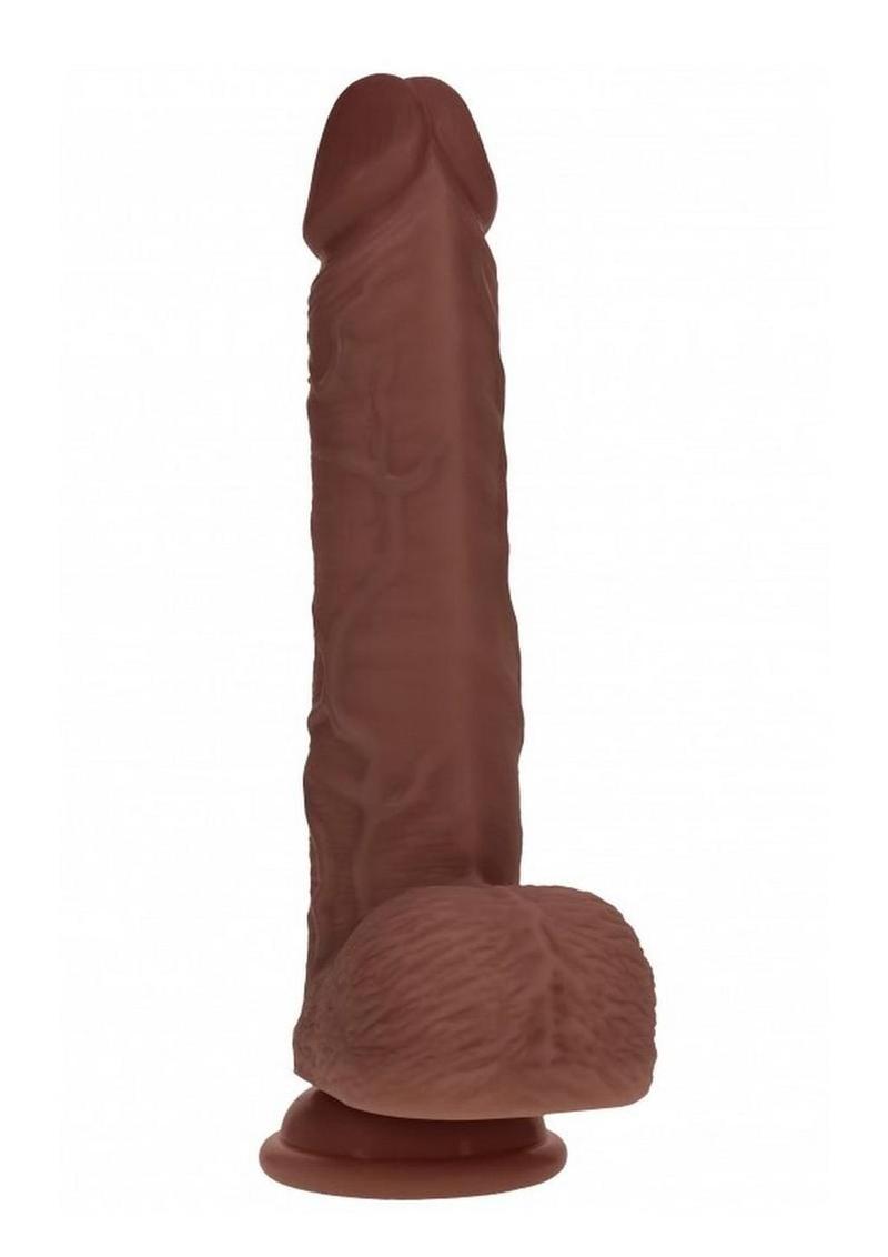 Realrock Dual Layered Silicone Realistic Vibrating Thrusting Dildo with Balls and Suction Cup - Chocolate - 9in
