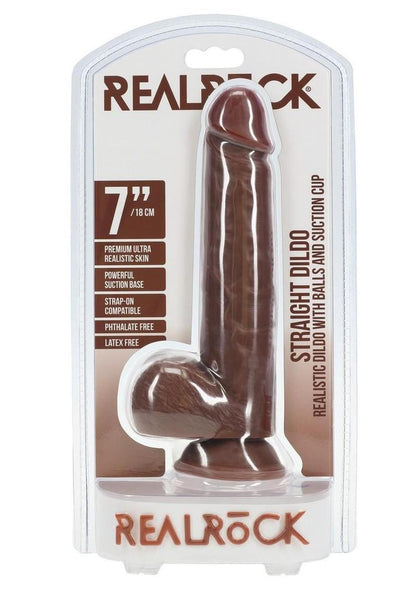 Realrock Realistic Skin Straight Realistic Dildo with Balls and Suction Cup - Chocolate - 7in