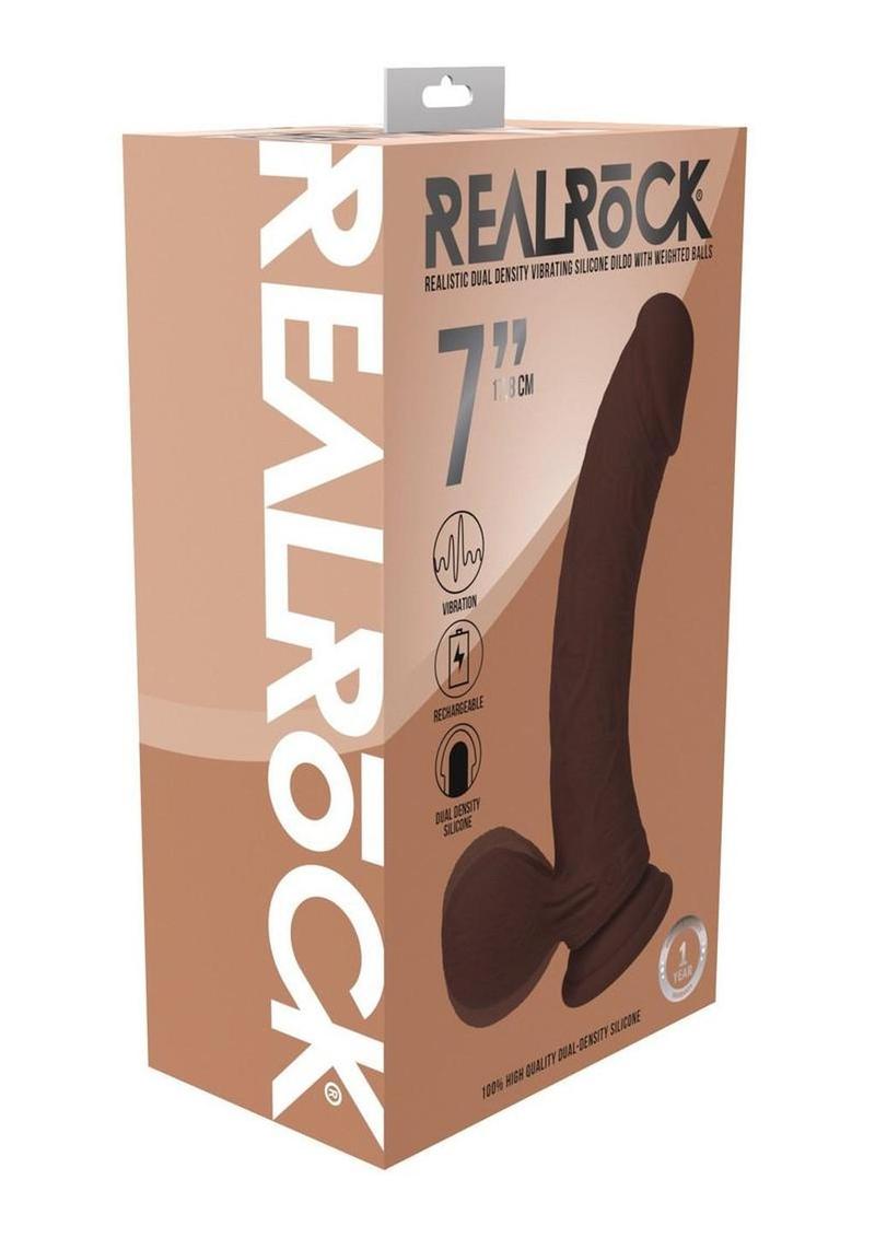 Realrock Rechargeable Silicone Dual Layered Vibrating Curved Dildo with Weighted Balls - Chocolate - 7in