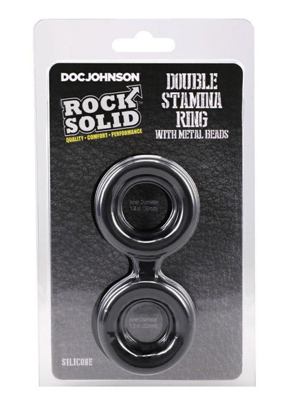 Rock Solid Silicone Double Stamina Cock Ring with Metal Beads - Black