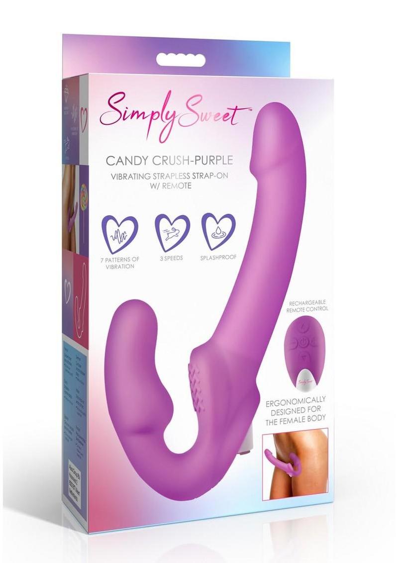 Simply Sweet Candy Crush Vibrating Rechargeable Silicone Strapless Strap-On with Remote - Purple