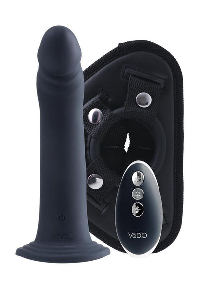 Vedo Diki Rechargeable Silicone Vibrating Dildo with Harness and Remote Control - Just - Black