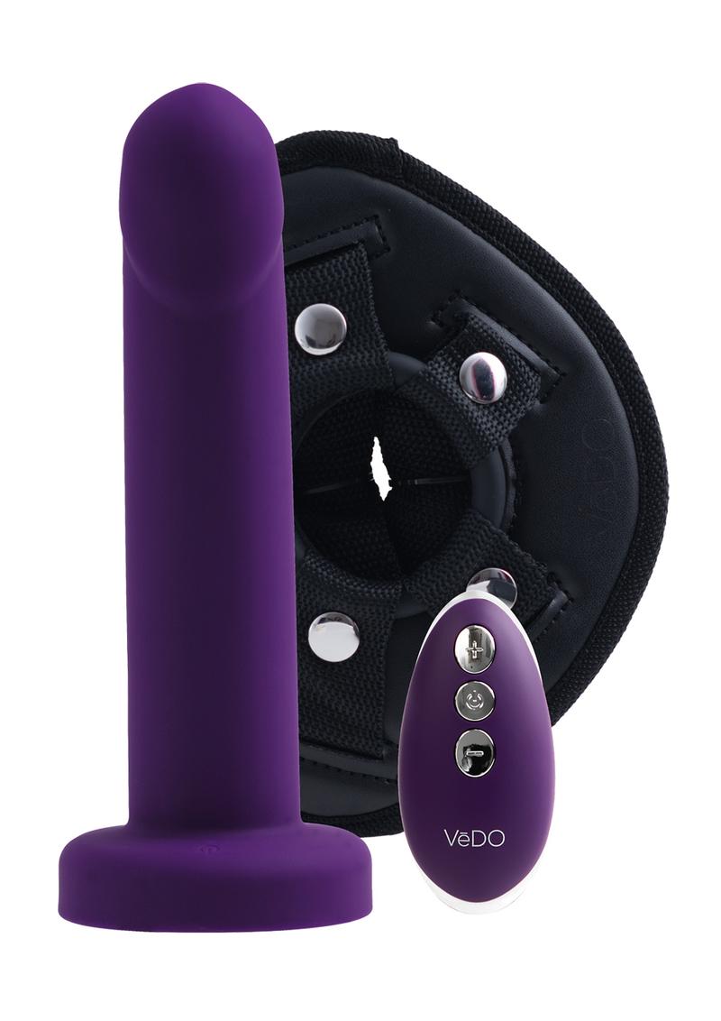 Vedo Strapped Silicone Rechargeable Vibrating Strap-On with Remote Control - Deep Purple/Purple